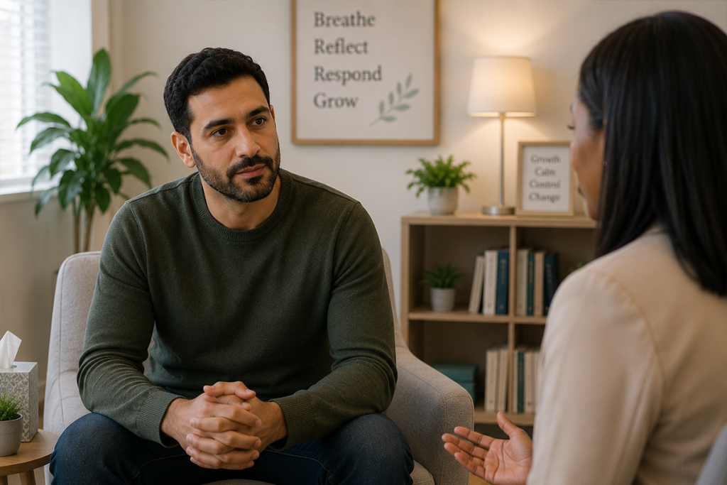 A compassionate therapist sitting across from a person engaged in a supportive conversation.