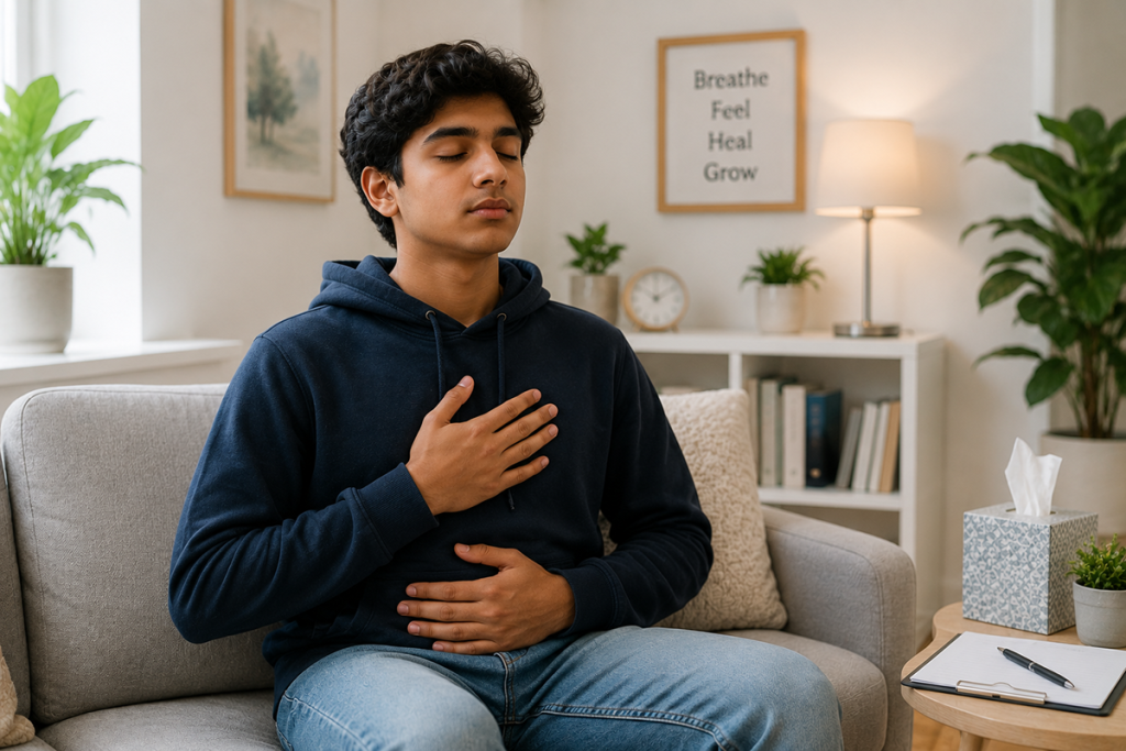 Individual practicing mindful breathing techniques to promote calm, emotional balance, and anxiety relief.