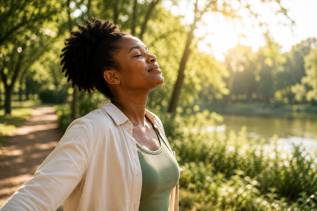Individual reconnecting with life and well-being while enjoying a peaceful moment outdoors in nature.