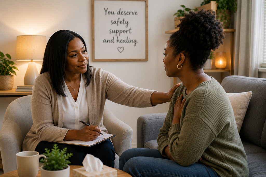 Individual receiving compassionate support in a safe counselling environment focused on healing, empowerment, and recovery.