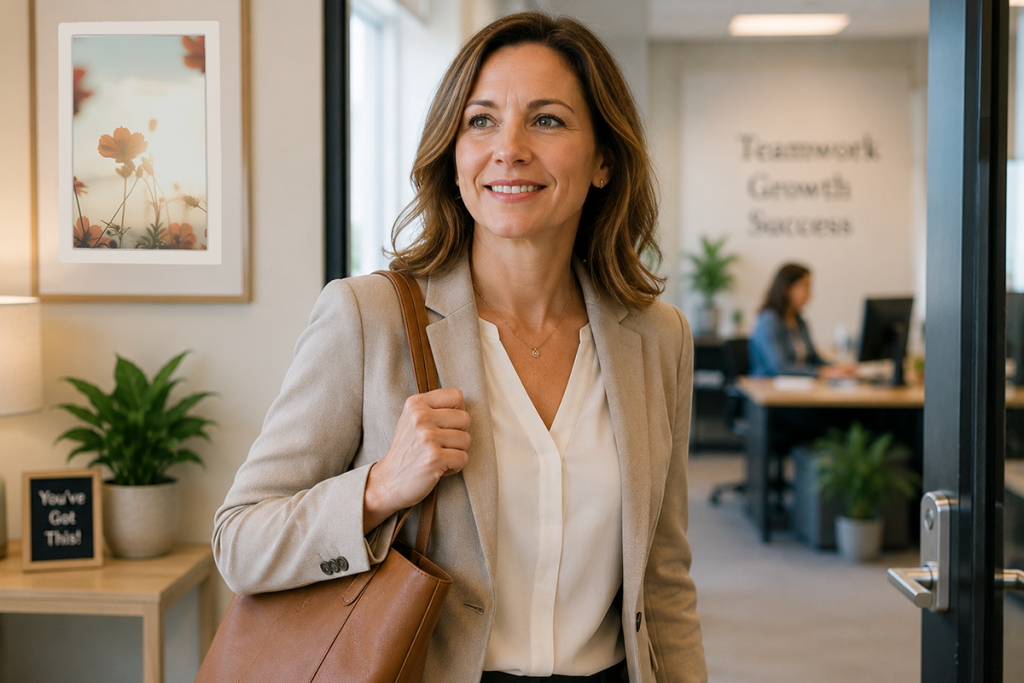 Professional returning to the workplace with confidence, optimism, and a renewed sense of purpose.