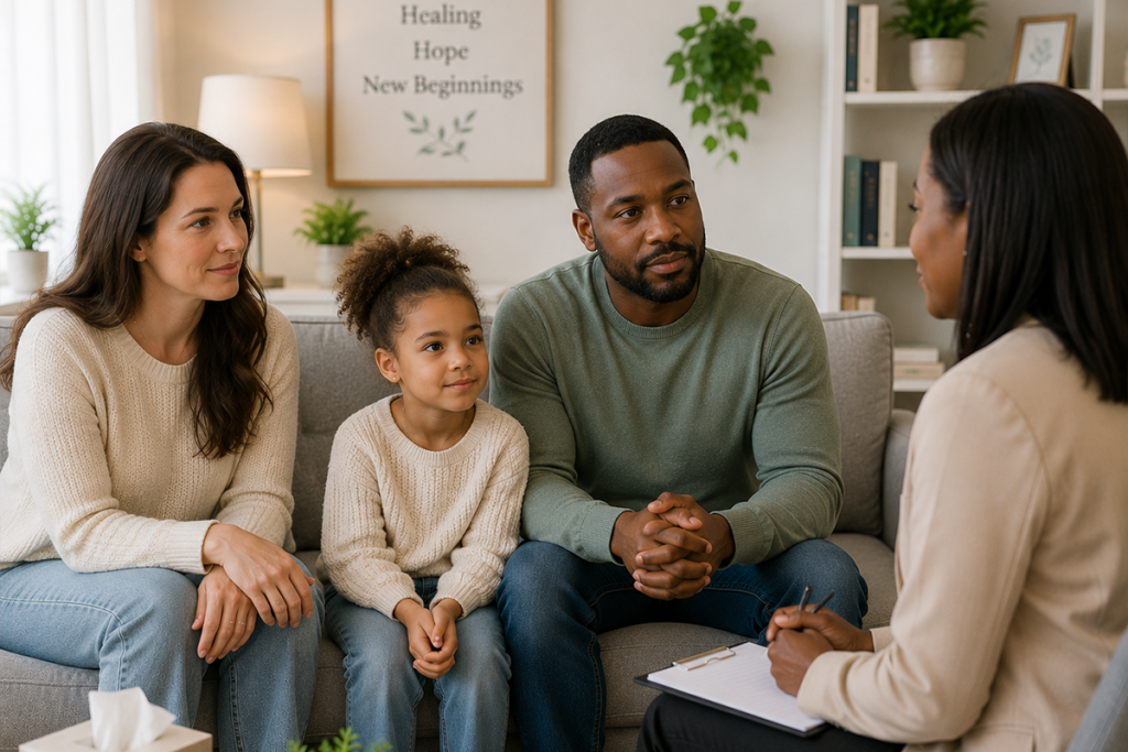 A family sitting with a acompassionate engaged in a supportive conversation.