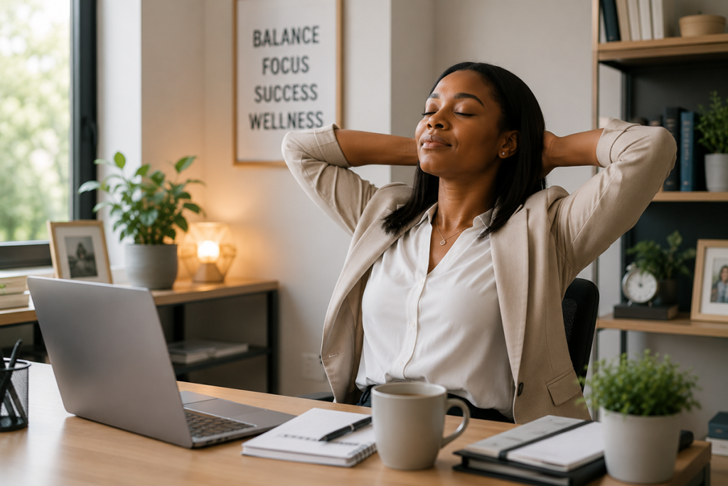 Professional taking a mindful break to restore balance, reduce workplace stress, and support overall well-being.