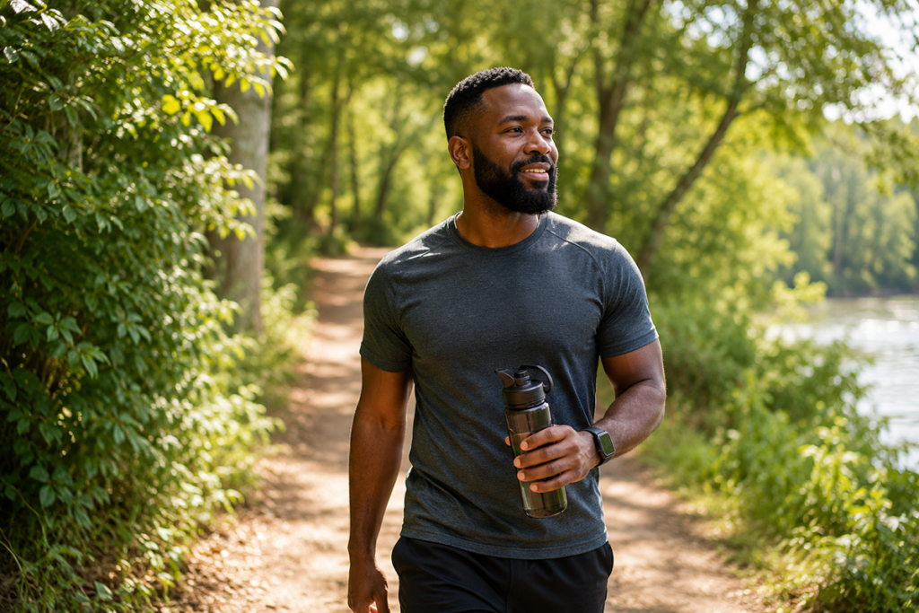 Individual embracing healthy lifestyle habits and personal growth while walking outdoors as part of their recovery and wellness journey.