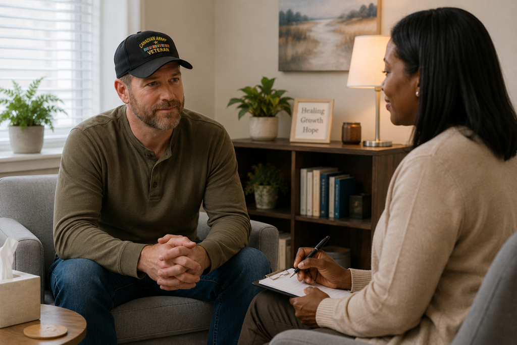 A compassionate therapist sitting across from a Canadian war veteran engaged in a supportive conversation.